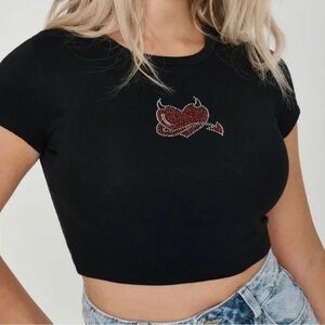 Garage 90s Y2K Black Crop Top Red Devil Heart Rhinestones Skater Goth Grunge
